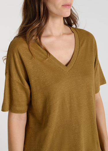 T-shirt femme lin bronze, emmanchure descendue, fentes côtés, allure décontractée - Valerio
