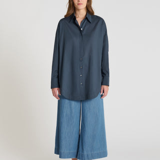 Chemise voile coton bleu marine femme, col haut boutonné, manches longues - Vani
