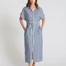 Robe longue rayée femme Varda bleu indigo coton lin sans manches ceinture amovible poches côtés
