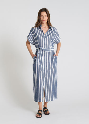 Robe longue rayée femme Varda bleu indigo coton lin sans manches ceinture amovible poches côtés
