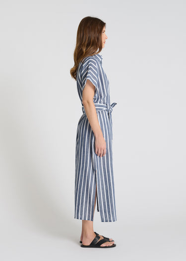 Robe Varda bleu indigo portée robe longue rayée femme coton lin fluide légère estivale
