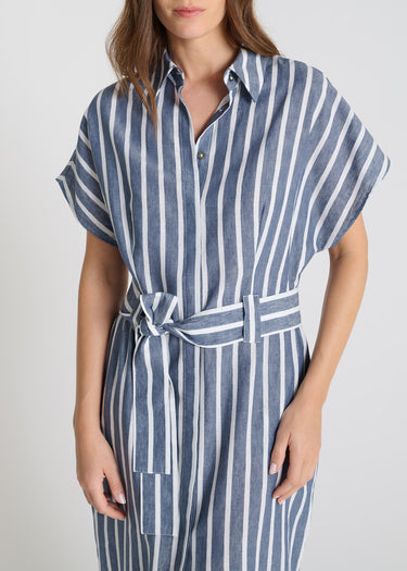 Vue arrière robe Varda bleu indigo fentes côtés coton lin rayé coupe droite moderne

