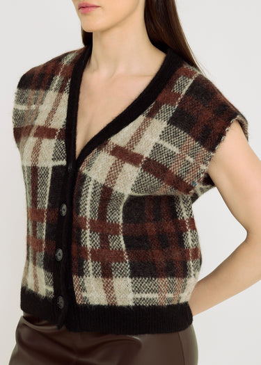 Gilet femme chic beige écorce, baby alpaga fils italiens, encolure V – Walt
