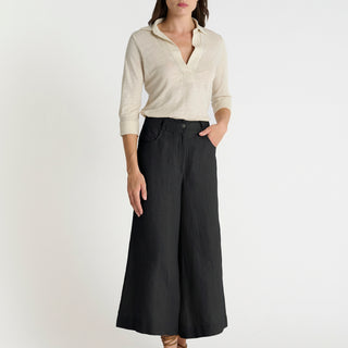 Jupe-culotte noire en lin femme Zafar avec top blanc, vue de face, coupe élégante et moderne
