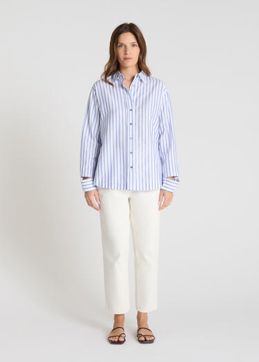 Chemise rayée femme Zinnia bleu ciel twill coton coupe droite ample col classique
